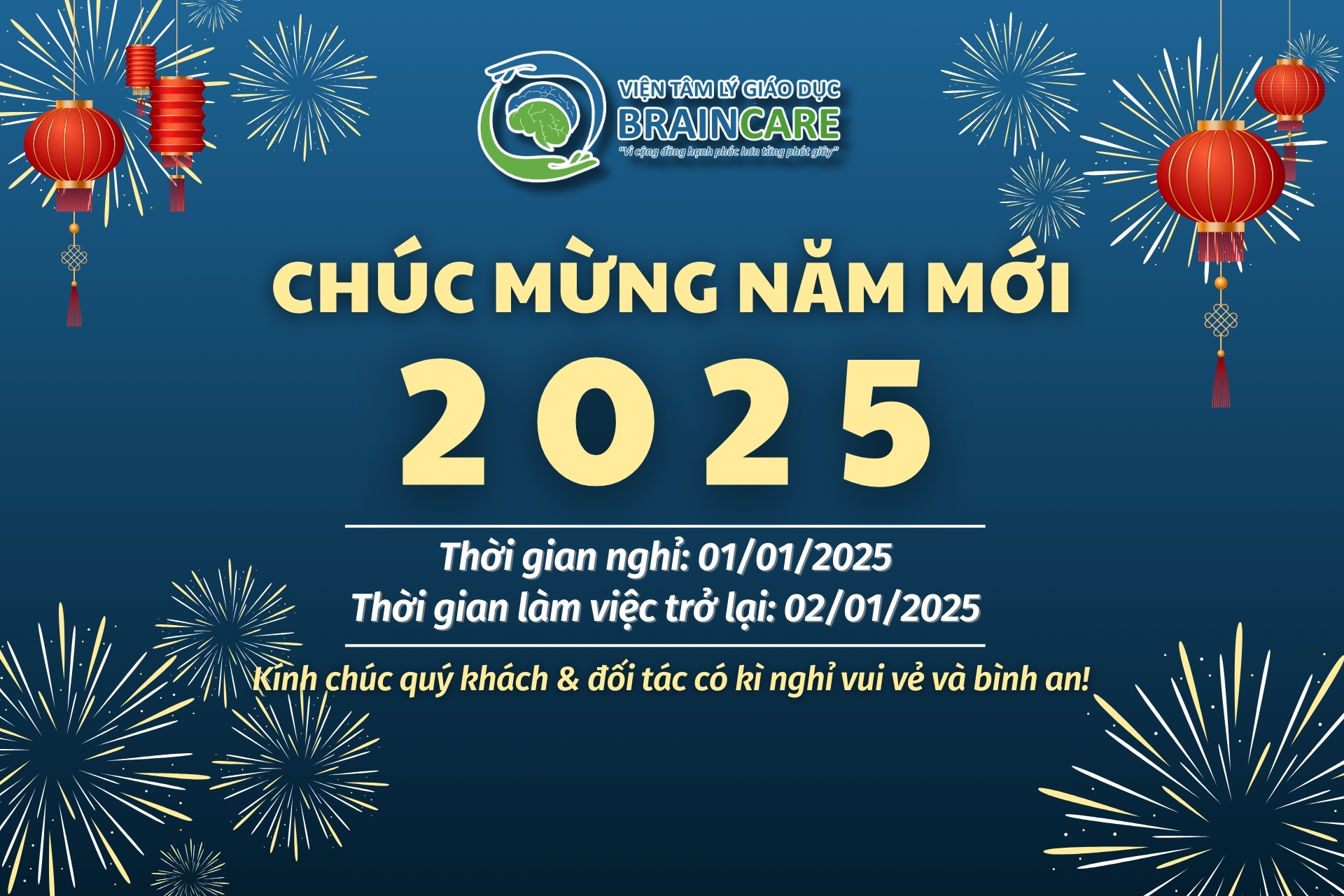 BrainCare thông báo lịch nghỉ Tết dương 2025